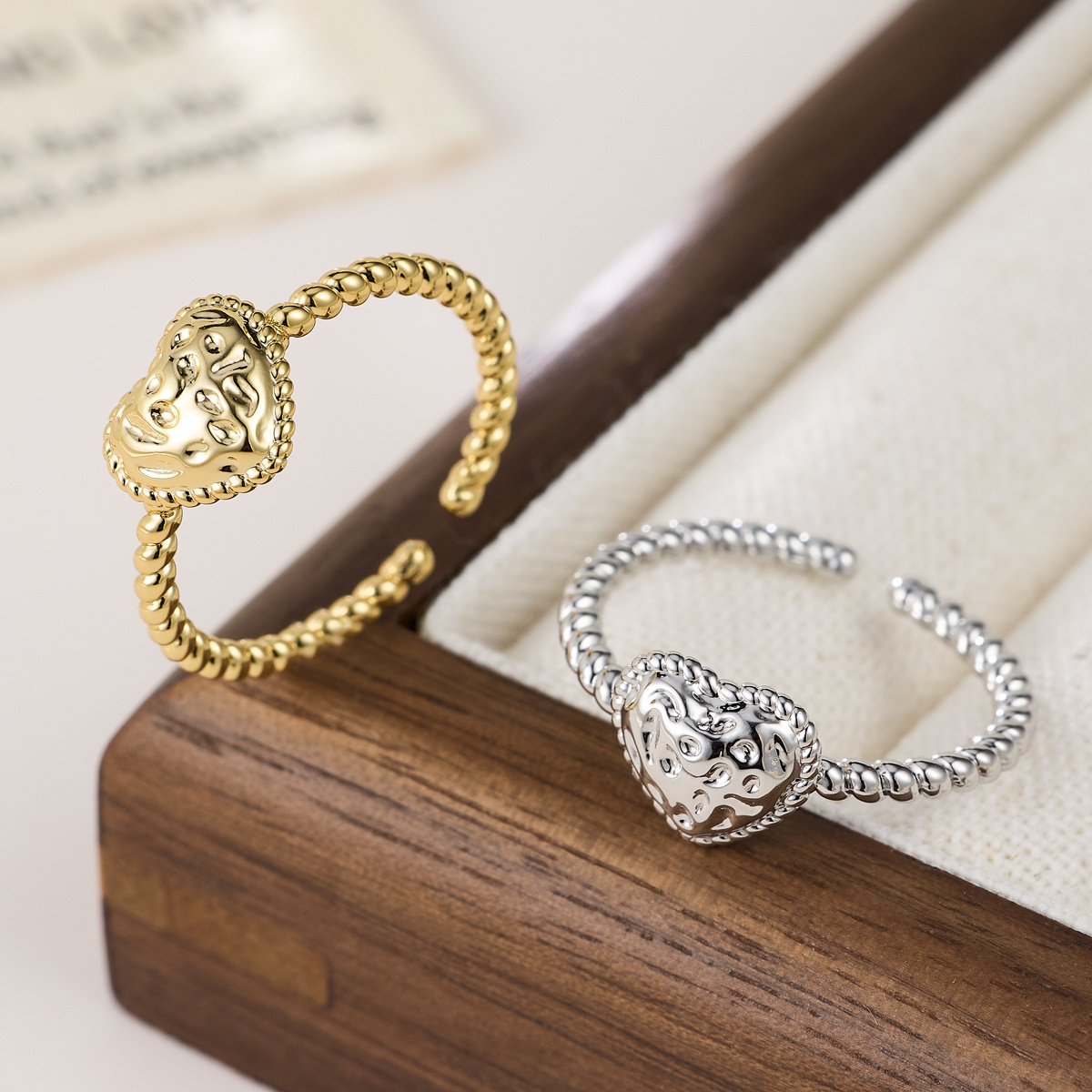 Women's Adjustable Hammered Heart Open Ring, Stackable Design
